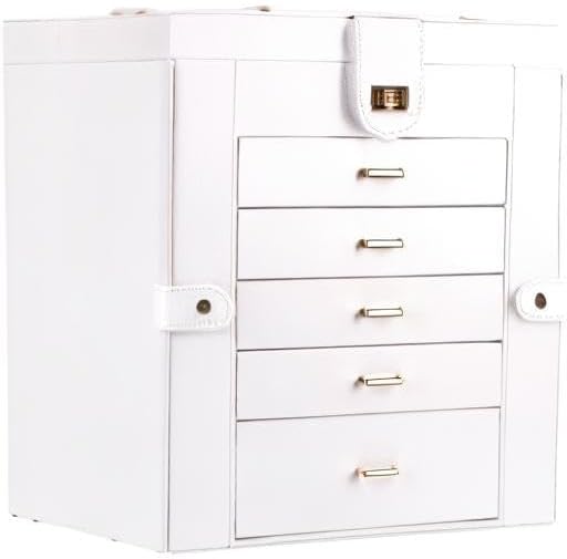Kendal Extra Large Jewelry Box Jewelry Case PU Leather 6 Tier 5 Drawers Large Storage Capacity with Mirror Jewelry Storage Organizer Great Gift Also Good For Watches LJC-SHD5CM(White)