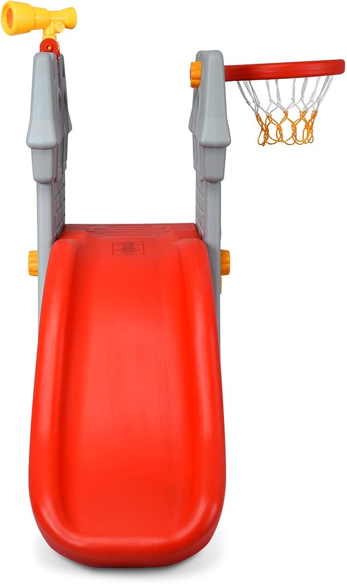 KOTEK Toddler Slide Indoor for Age 3-8, 5 in 1 Kids Climber Slide with Basketball Hoop, Telescope, Crawl Through Space & Climbing Stairs, Freestanding Kids Slide for Boys & Girls