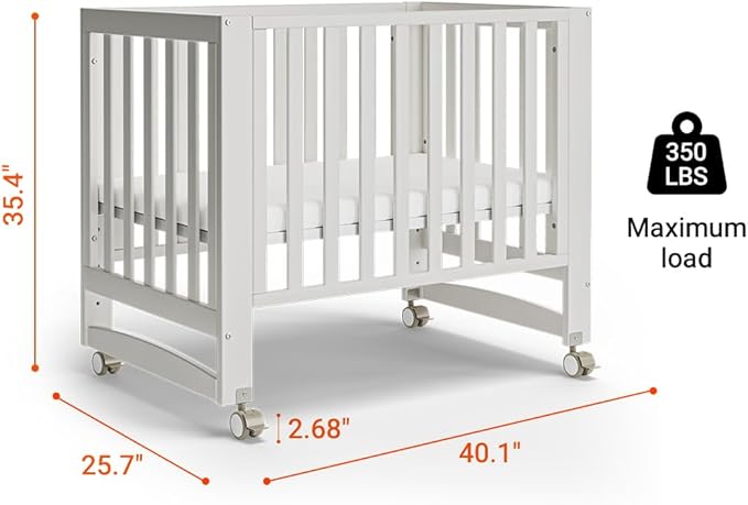 EvoNest Baby Crib, 6 in 1 Convertible Mini Crib with Wheels, 100% New Zealand Solid Wood Growing Bed, 4 Adjustable Mattress Height,White