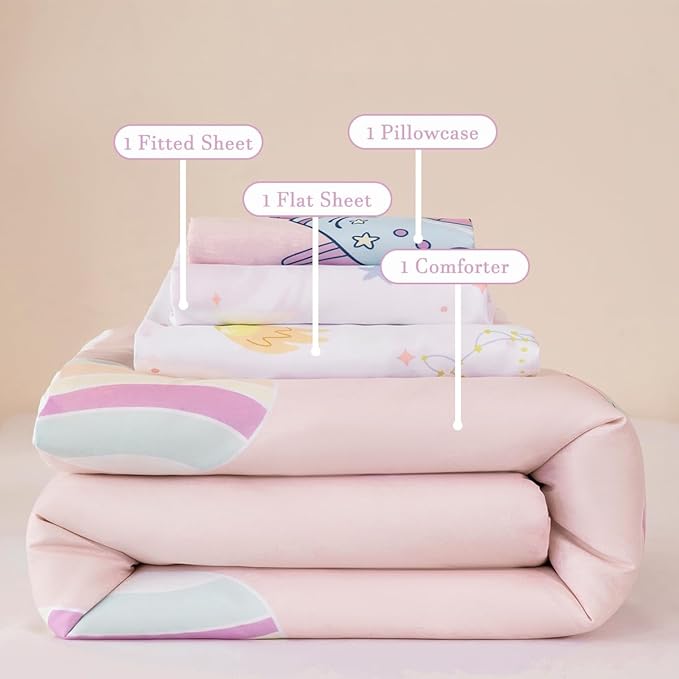 PERFEMET 4 Piece Toddler Girl Bedding Set Space Theme Pink Toddler Bed Set with Sheets Soft Reversible Astronaut Planets Crib Bed Comforter for Kids Girls