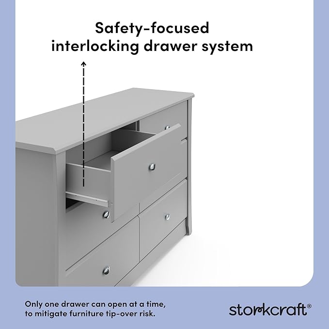 Storkcraft Crescent 6 Drawer Double Dresser (Pebble Gray) – GREENGUARD Gold Certified, Nursery Dresser for Kids Bedroom