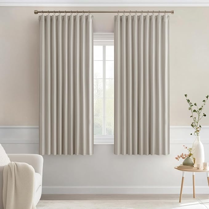 MIULEE Natural Back Tab Blackout Curtains 63 Inch Length 2 Panels Set for Living Room Bedroom Privacy, Rod Pocket/Pinch Pleat Thermal Insulated Room Darkening Pleated Light Blocking Drapes