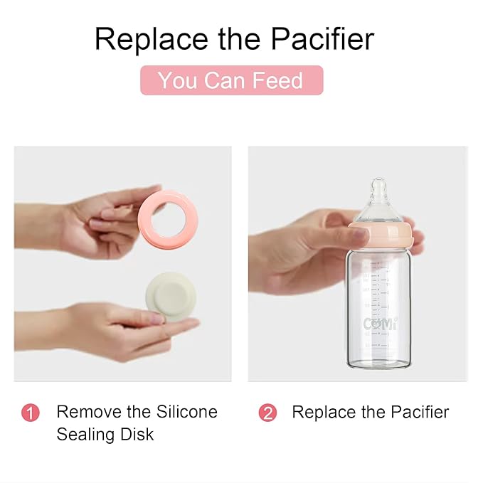 COMI Wide Neck Glass Breastmilk Collection n Storage Bottle, 8oz with Screw Ring Sealing Disk; Re-markable Sealing Disc. BPA Free, Fits Breast Pumps & Nipples (4 Pink Lids)