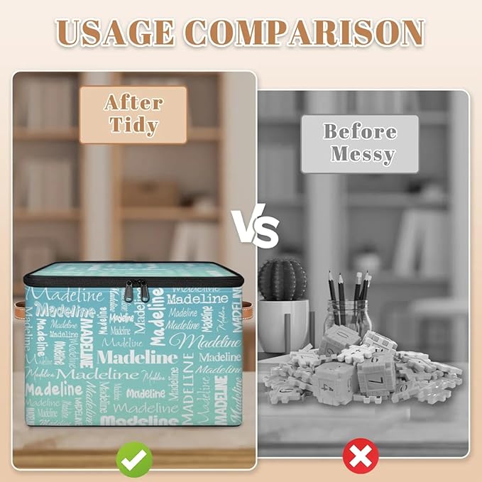 Custom Storage Basket with Name, Personalized Storage Bins with Zipper Lid, Foldable Fabric Storage Box Large capacity with Handle Grey Blue Green