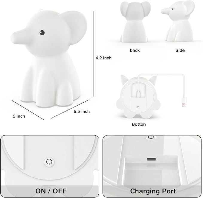 Cute Elephant Night Light for Kids, Adorable Room Decor for Boys Girls Birthday/Christmas Gifts, 5 Color, USB Rechargeable Silicone Night Lamp, Animal Lamp Gift, Safe Nursery Light for Toddlers