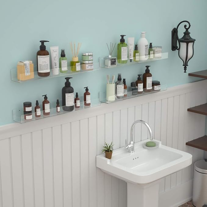 NIUBEE 24" Premium Acrylic Floating Nursery Kids Bookshelf Wall Ledge Shelf, Clear Invisible Spice Rack Bathroom Storage Shelves Display Organizer, 50% Thicker with Screwdriver, Set of 4