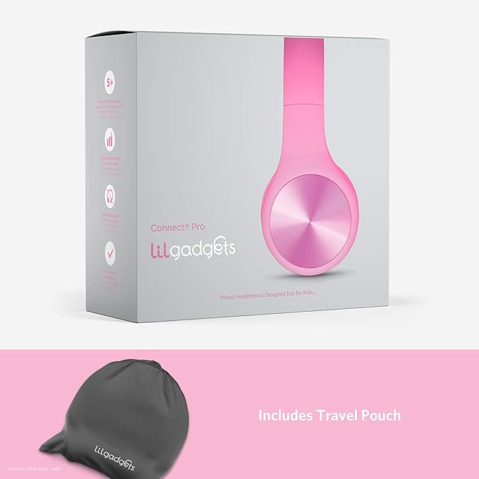LilGadgets Connect+Wired Kids Headphones for School with Microphone, Volume Limiting & Noise Reduction Over-Ear Headset with Cord, SharePort Technology & SoftTouch Padding, Pink - Kid Headphones