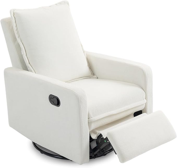 Swivel Rocking Recliner Chair for Nursery, Upholstered Glider Rocker Recliner, Swivel Reclining Chair for Nursery Living Room Bedroom, White Short Plush