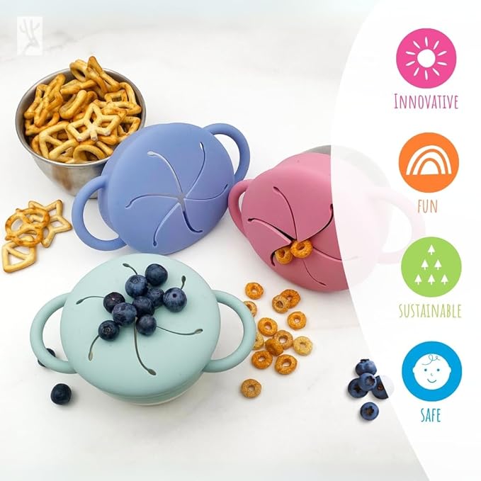 Elk and Friends Stainless Steel Snack Cups | Removable Silicone Food Catcher and Travel Lid | Spill-Proof Snack Containers for Baby, Toddler, Kids | Dishwasher Safe | 2 Pack