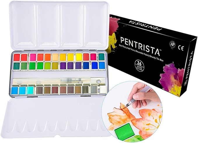 Watercolor Paint set, 36 Colors Premium Solid Watercolor Half Pans in Tin Box, 1 refillable Water Brush Pen, Art Pigment Kit Perfect for Artists Students Kids Beginners and Art Lovers