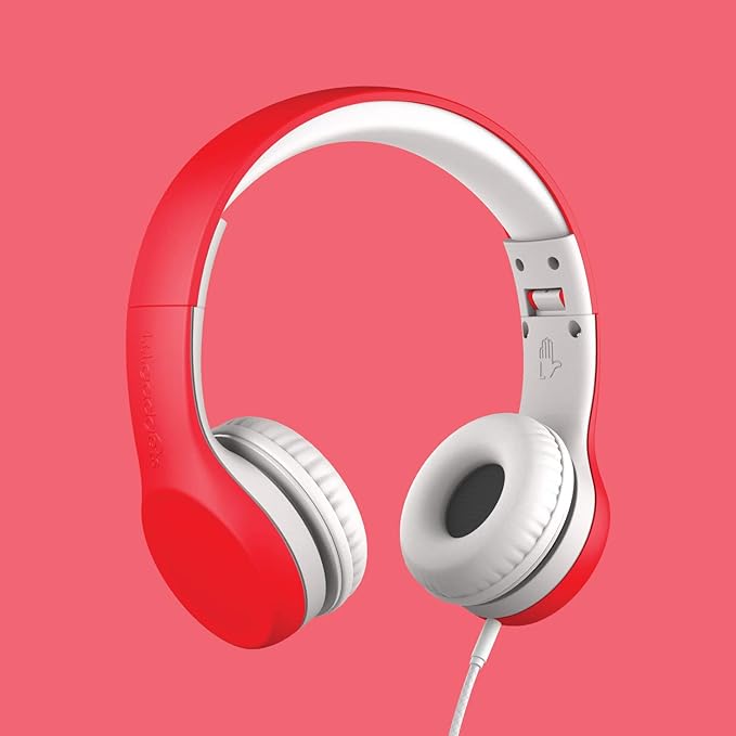 LilGadgets Connect+ Wired Kids Headphones for School with Mic, Volume Limited & Noise Reduction, On-Ear Headset with Cord, SharePort Technology for Multiple Kids & SoftTouch Padding, Red
