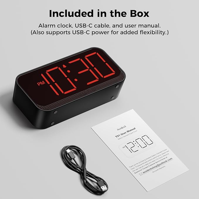 Battery Operated Digital Clock: Cordless Small Alarm Clock for Bedroom Travel - Large Numbers 4 Dimmers for All Ages Red Digits