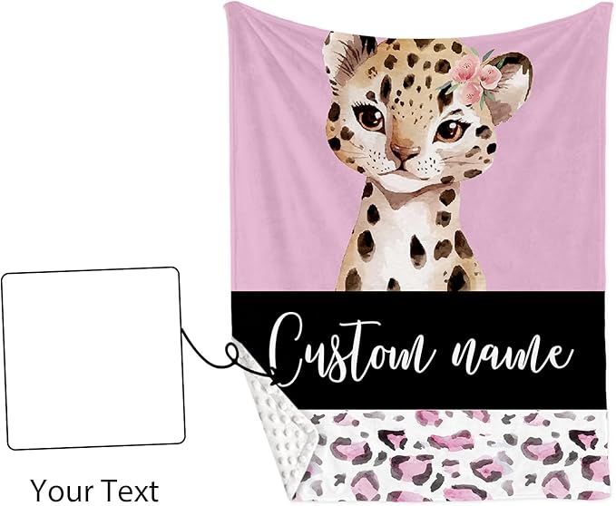 Custom Nursery Crib Bedding Set: Personalized Name 4 Piece Pink Leopard Elephant Design Baby Crib Sets for Girls - Toddler Double Layer Blanket Set, Comfortable Crib Bed Sheets for Baby Toddlers