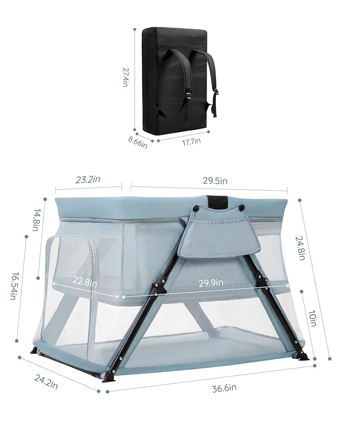Lilian&Gema 2-in-1 Travel Crib, Portable Crib with Backpack, Lightweight Baby Travel Playpen, Foldable Play Yard with Thick Mattress for Babies & Toddlers, Baby Travel Essential
