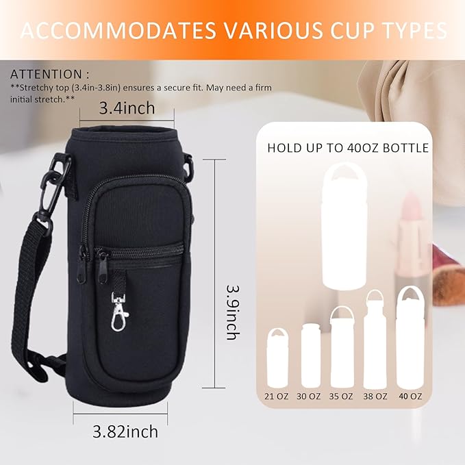 Water Bottle Holder with Strap for Hydroflask 32oz 40oz, Carrier Sling Bag with Phone Pocket Sleeve for Men Women Hiking Camping Travelling(black24/32oz)