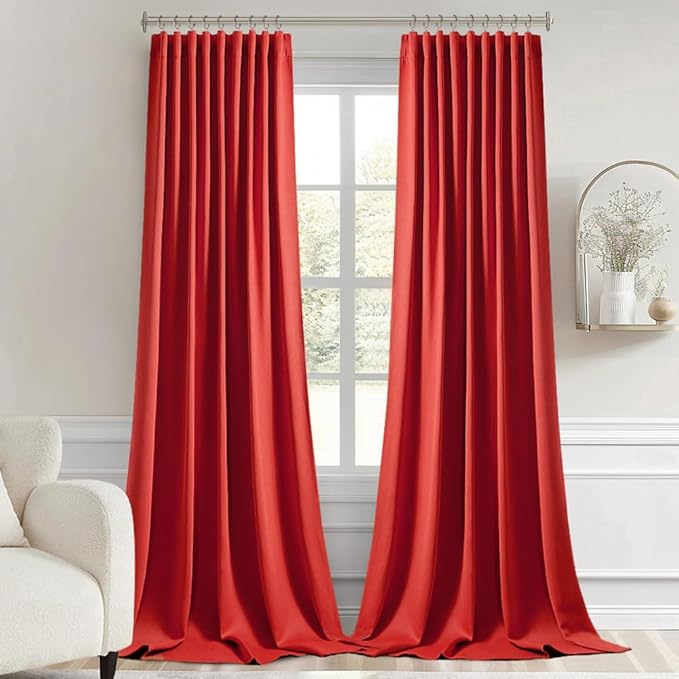MIULEE Red Back Tab Blackout Curtain 96 Inch Long 2 Panels Set for Living Room Bedroom, Rod Pocket/Pinch Pleat Thermal Insulated Room Darkening Pleated Light Blocking Floor to Ceiling Drape