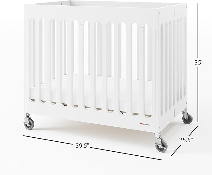 Foundations Boutique Folding Hotel Crib and Sheet Bundle - Includes Wooden Mini Crib with 3" Foam Mattress (White) and 6-Pack White Fitted Compact Sheets