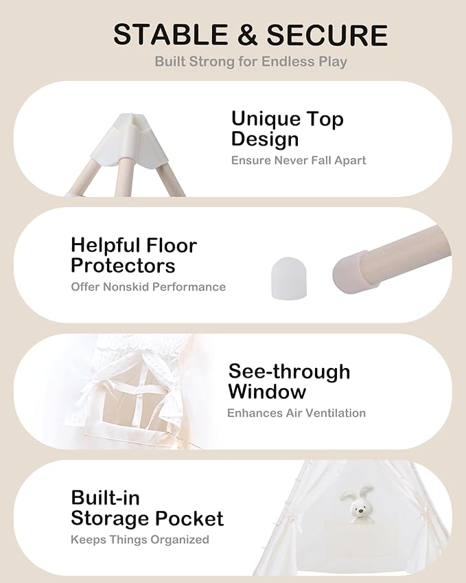 Teepee Tent for Kids with Inflatable Airbed, String Lights, Balloons, Pump, Washable Slumber Party Tent Indoor Outdoor for Girls Boys, Children Tipi Playhouse for Playtime and Sleepover