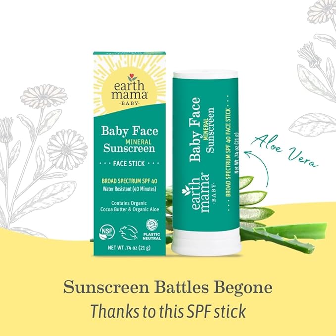 Earth Mama Baby Face Mineral Sunscreen Stick SPF 40 | Non-Nano Zinc, Contains Organic Cocoa Butter & Aloe | Babies, Kids & Family 0.74-Ounce