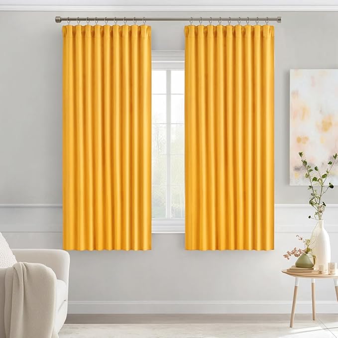 MIULEE Yellow Back Tab Blackout Curtains 63 Inch Length 2 Panels Set for Living Room Bedroom Privacy, Rod Pocket/Pinch Pleat Thermal Insulated Room Darkening Pleated Light Blocking Drapes
