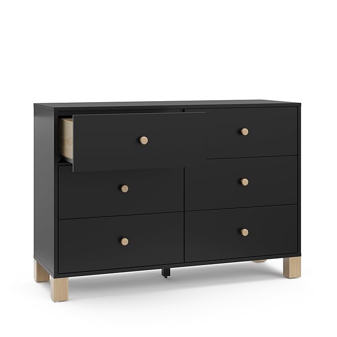 Storkcraft California 6-Drawer Double Dresser (Black with Driftwood) - GREENGUARD Gold Certified, Interlocking Drawer System, Dresser Drawer Organizer for Kids Bedroom