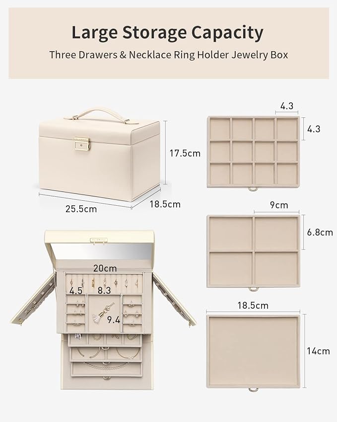 Vlando Jewelry Box for Mothers Day Teacher Appreciation Gifts, 4-Tier Jewelry Organizer with Lock, Mirror Jewelry Box for Earring, Ring, Necklace and Bracelets, Jewelry Storage for Women Girls - Beige
