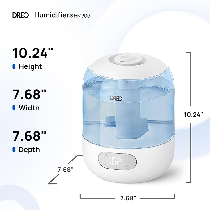 Dreo Humidifiers for Bedroom, Cool Mist Ultrasonic Humidifiers with 30Hr Runtime, Top Fill 3L Tank, Easy Clean, Humidity Sensor, Night Light for Baby, Nursery, 360° Nozzle for Plants and Home, Blue