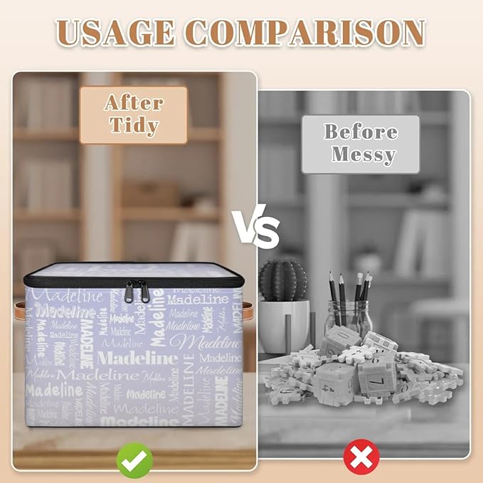 Custom Storage Basket with Name, Personalized Storage Bins with Zipper Lid, Foldable Fabric Storage Box Large capacity with Handle Purple White