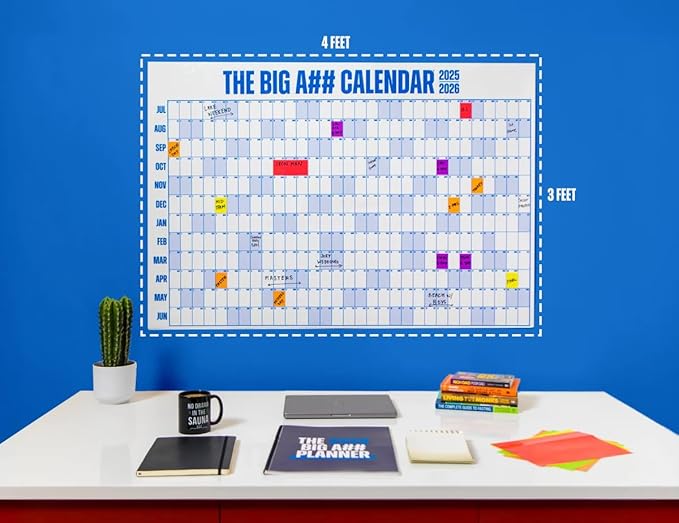 The Big A## Calendar Mid-Year Wall Planner – July to June Dry-Erase Board – Includes 1 Markers & 100 Labels – Lightweight, Easy to Hang Yearly Planner – Plan Goals & Adventures – Gray, 4’x3’