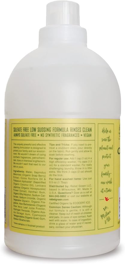 Rebel Green Organic Laundry Detergent - Natural Laundry Soap - Liquid Laundry Detergent with Dispenser Cup - Gentle Laundry Detergent - Fresh Peppermint & Lemon Scent - (68 Load Bottles, 2 Pack)