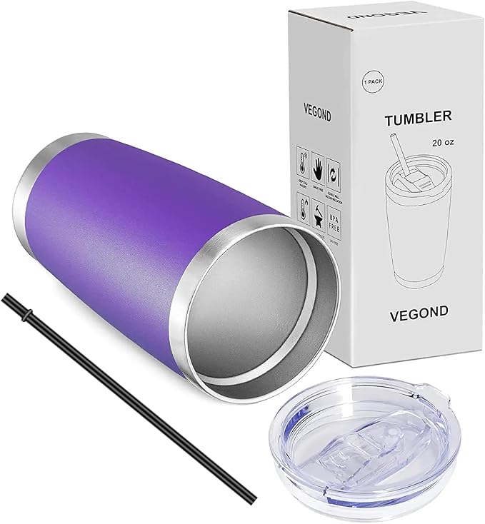 VEGOND 20oz Tumbler with Lid and Straw Stainless Steel Tumbler Cup Vacuum Insulated Double Wall Travel Coffee Mug Powder Coated Coffee Cup(Purple 1 Pack)