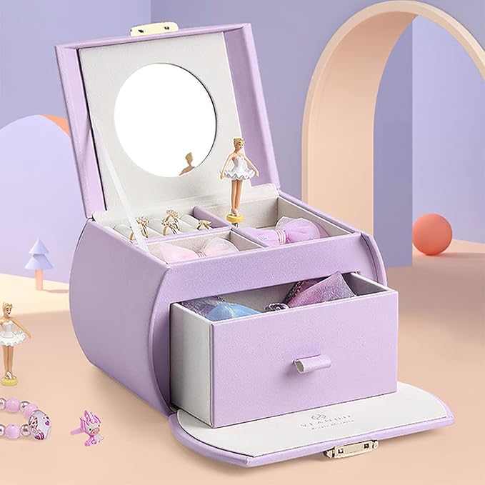 Vlando Musical Jewelry Box with Spinning Ballerina, Lockable Girls’ Jewelry Organizer for Necklaces Rings and Hair Accessories, Gift for Girls and Kids, Purple