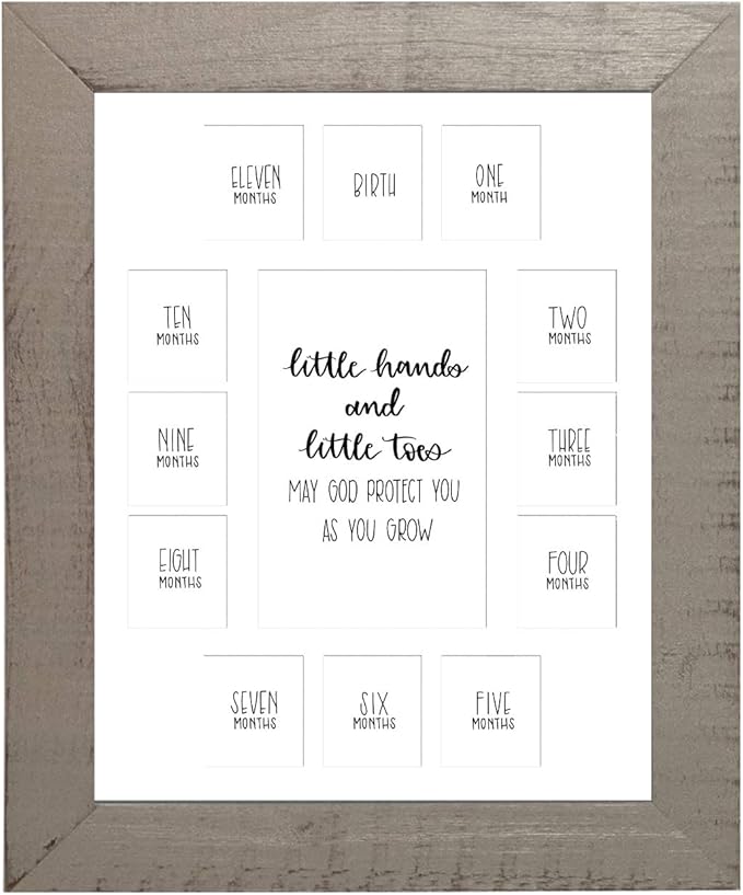 Rustic Red Door Co. Baby's First Year Picture Mat - Grey Frame - Little Hands and Little Toes Photo Collage - 13 Picture Slots - Newborn Birth to One Year Birthday - Watch Your Baby Grow (White Mat)