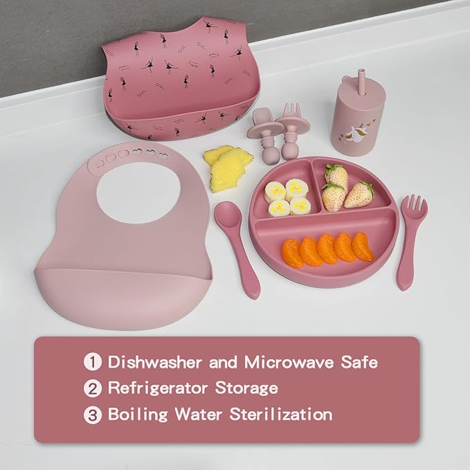 Silicone Baby Feeding Set, Baby Led Weaning Supplies, Baby Spoons Suction Divided Plate Bib Cup, First Stage Solid Food Eating Utensils - 6+ Months(Pink-Red)