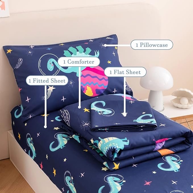 PERFEMET Toddler Bedding Set 4 Pieces Cartoon Dinosaur Planet Printed Bed in A Bag for Boys Girls Reversible Navy Blue Toddler Comforter with Sheet Set for All Season(Navy, Dinosaur/Planet/Rocket)