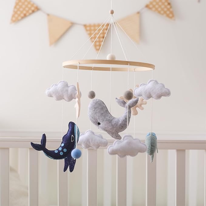 EERKEOD Baby Crib Mobile Ocean Nursery Mobile for Boys Girls Handmade Felt Mobile for Crib Nursery Decor for Infant Bedroom Hanging Baby Mobile for Bassinet Newborn Baby Gift(Whales)