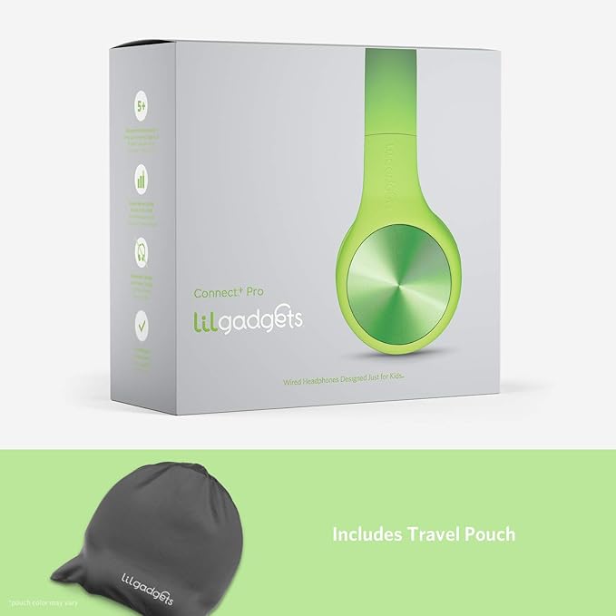 LilGadgets Connect+ Pro Wired Kids Headphones for School w/Microphone, Volume Limiting & Noise Reduction Over-Ear Headset w/Cord, SharePort Technology & SoftTouch Padding, Green Headphones for Kids