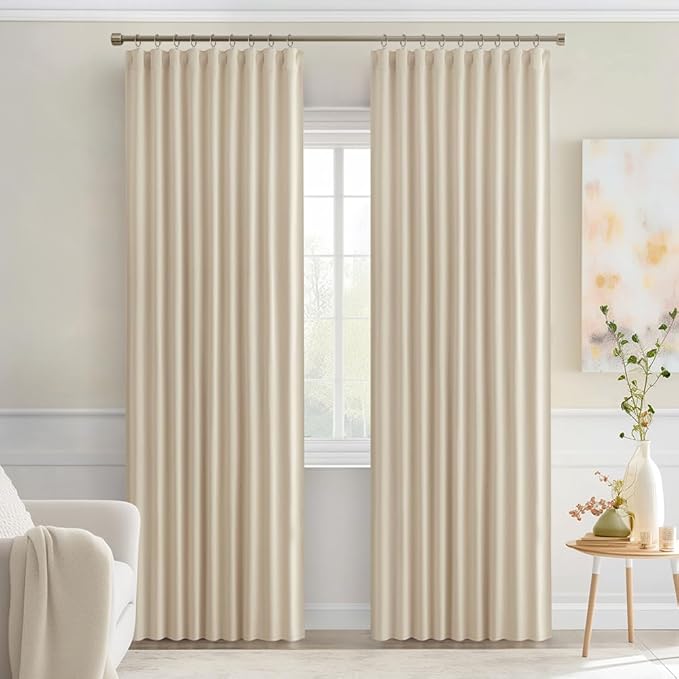 MIULEE Back Tab Cream Beige Curtains 90 Inch Long 2 Panels Set for Living Room Bedroom, Ivory Rod Pocket/Pinch Pleated Light Blocking Thermal Insulated Room Darkening Blackout Curtains, 52 x 90 Inch