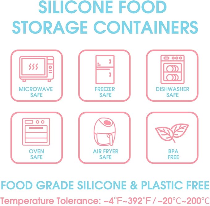 Nesting 100% Silicone Food Storage Containers with Lid & Measuring Line, 6 Pack, Leakproof Stackable Silicone Containers for Food Lunch Snack, Microwave Freezer Dishwasher Safe, Light Blue/Pink