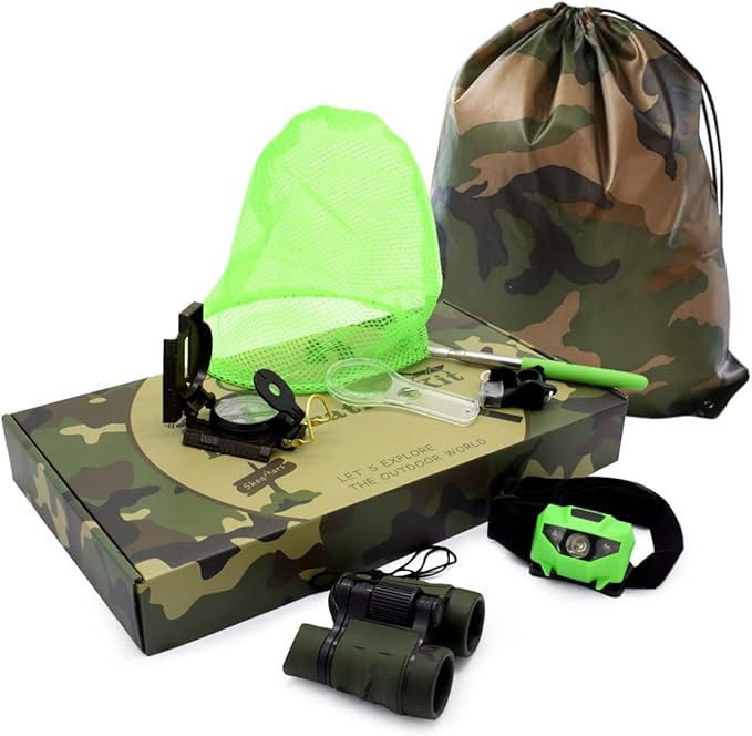 Kids Outdoor Adventure Set :Educational Children’s Toys Binoculars, LED Headlamp Flashlight, Compass, Magnifying Glass Whistle Butterfly Net & Backpack(Camo Color) for Boys