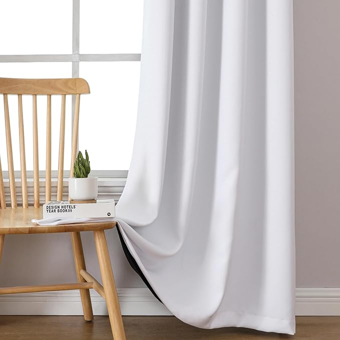ChrisDowa White 100% Blackout Curtains 102 inch Long for Bedroom with Black Liner, 2 Thick Layers Total Blackout Thermal Insulated Grommet Window Curtains 2 Panels Set (Pure White, 52 x 102 Inch)