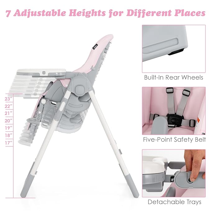 INFANS High Chair for Babies & Toddlers, Foldable Highchair with Multiple Adjustable Backrest, Footrest and Seat Height, Removable Tray, Detachable PU Leather Cushion, Built-in Rear Wheels (Pink)