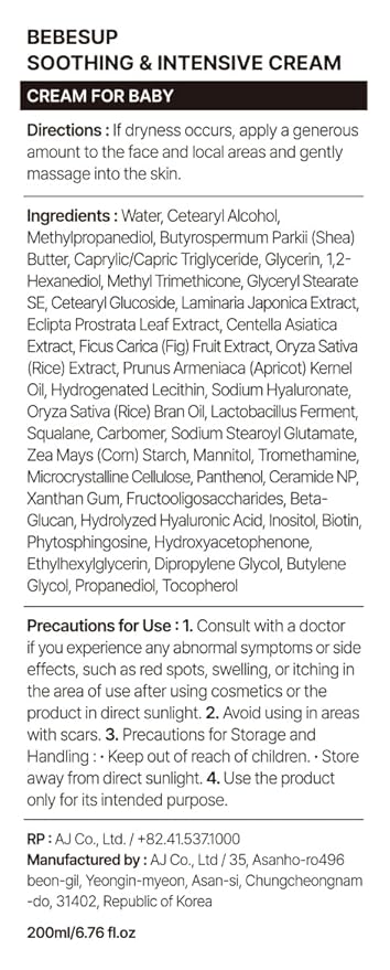 BEBESUP- 베베숲 100-Hour Moisture Barrier Baby Cream | Korean Skincare for Sensitive & Atopic Skin Ceramide Capsule Organic Rice-Infused Hypoallergenic Dermatologist Approved 6.76 fl oz