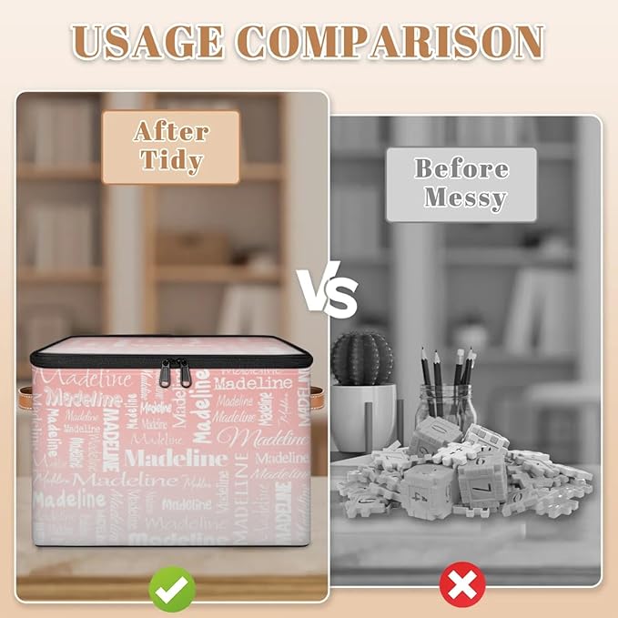 Custom Storage Basket with Name, Personalized Storage Bins with Zipper Lid, Foldable Fabric Storage Box Large capacity with Handle Pink White