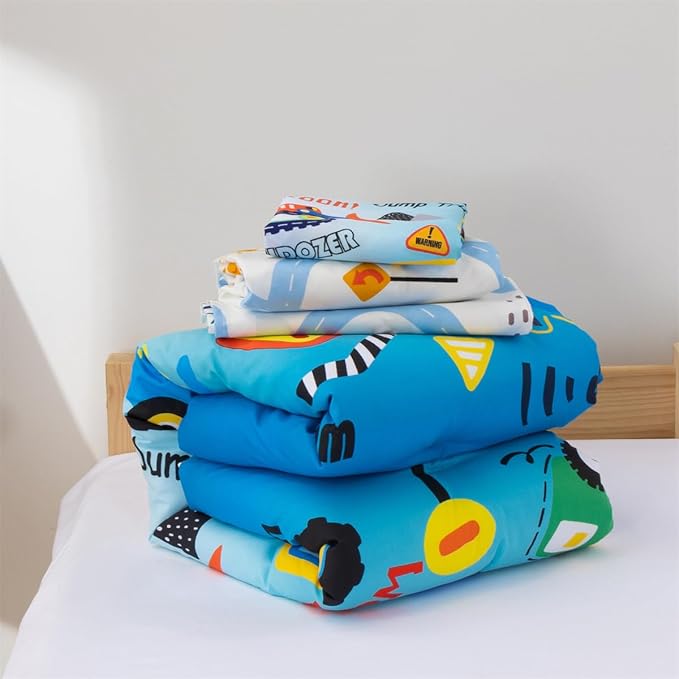 NTBED 4 Pieces Construction Truck Toddler Bedding Set for Baby Boys, Cartoon Vehicles Excavator Cars Printed, Includes Comforter, Flat Sheet, Fitted Sheet and Pillowcase,Sky Blue