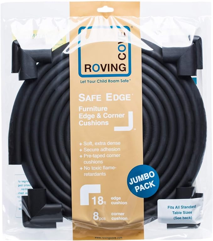 Roving Cove HeftyFit Edge Corner Protector Baby Proofing (Large 18ft Edge 8 Corners), Heavy-Duty, Soft NBR Rubber Foam, Furniture Fireplace Safety Bumper Guard, 3M Adhesive, Onyx Black