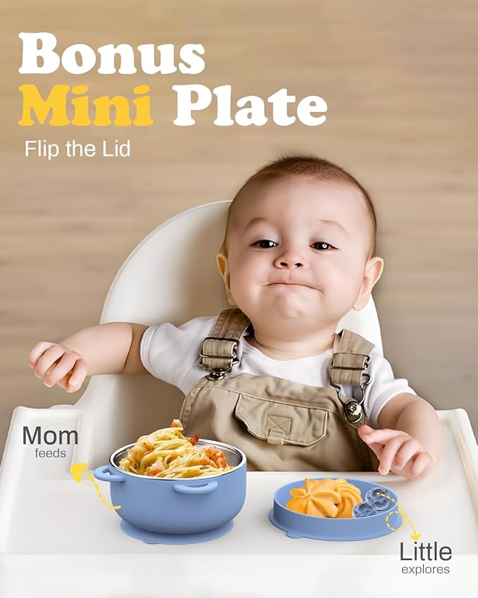Baby Suction Bowls with Lids 4-Pack, 2-in-1 Stainless Steel 304 Toddler Bowl & Removable Silicone Suction Kids Bowl Plate Set Non Toxic Snack Dishes for Self-Feeding, Unicorn Magic Set
