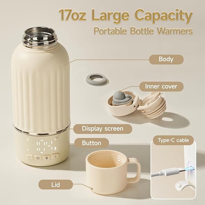 Snow Bear Portable Bottle Warmer for Travel, Fast Heating in 2.5 Mins for Breast Milk and Formula, 10200mAh Battery with LED Display, 17oz Large Capacity, Baby Bottle Warmer with Temperature Control