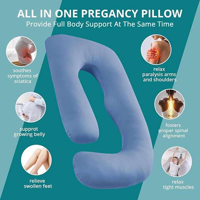 Sasttie Pregnancy Pillows for Sleeping, Jumbo U Shaped Cooling Full Body Pillow with Removable Cover, Pregnant Women Must Haves, Maternity Essential, Blue