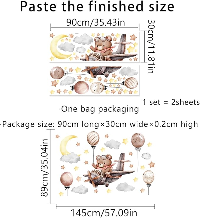 Runtoo Baby Bear Flying Plane Wall Decal Moon and Stars Sweet Dream Animal Wall Stickers Baby Nursery Kids Bedroom Home Decor